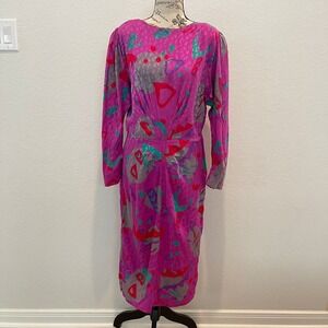 Vintage Flora Kung Silk‎ Dress Abstract Print 10 Long Sleeve Artsy 70's disco